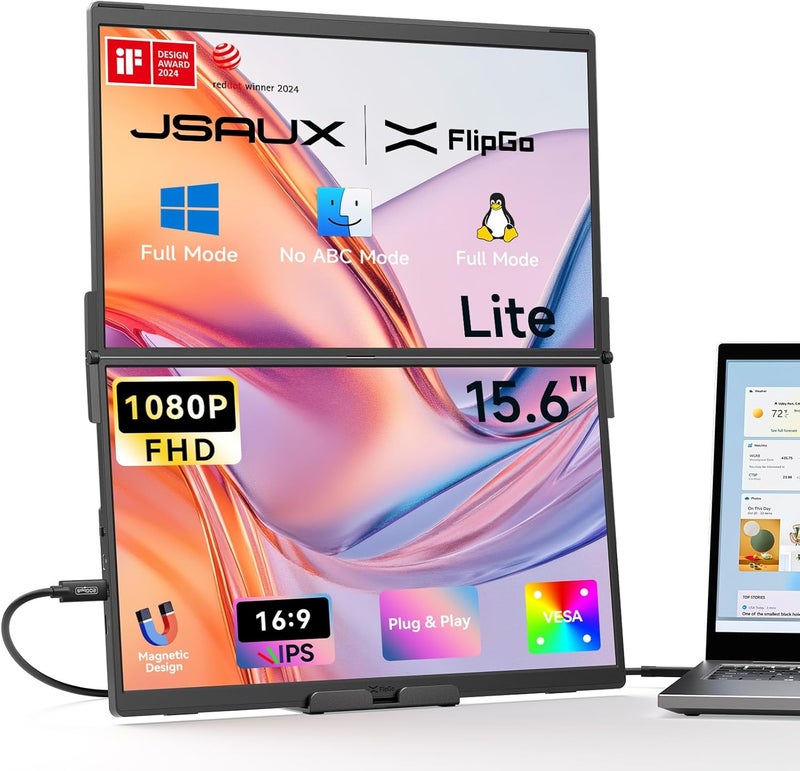 JSAUX FlipGo Lite 15.6" IPS Dual Stacked Portable Monitor, 1080P FHD Laptop Screen Extender with Built-in HUB, Magnetic Design, Single Cable for Triple Monitor Setup - Ideal for Travel & Business - Image 1