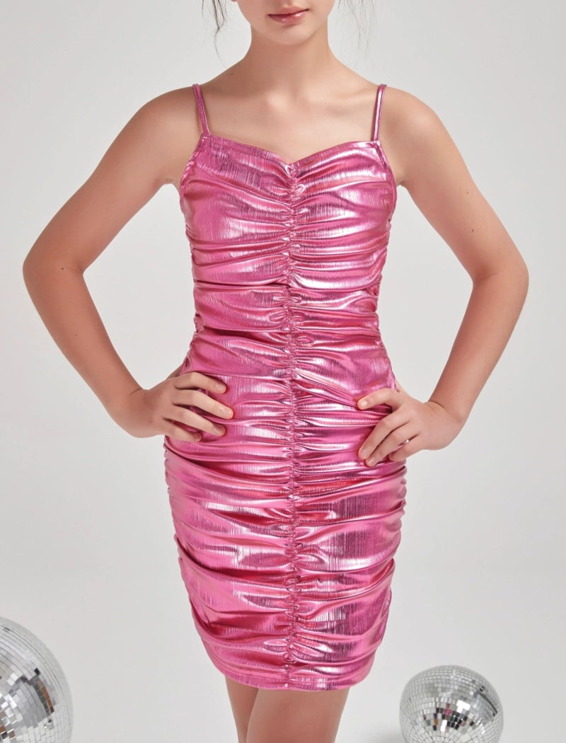 EXARUS Girls Teen Bodycon Sparkly Dress Metallic Homecoming Party Dance Glitter Tight Spaghetti Strap Mini Short Sleeveless Ruched Dresses Pink 10 Years - Image 5