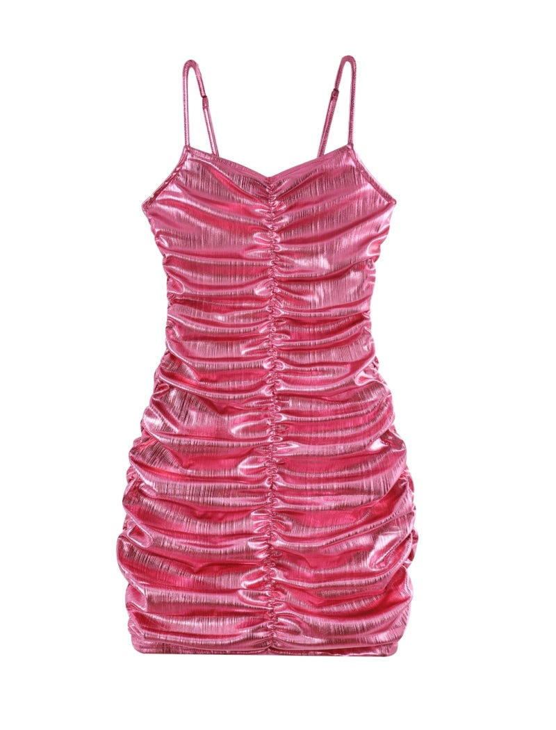 EXARUS Girls Teen Bodycon Sparkly Dress Metallic Homecoming Party Dance Glitter Tight Spaghetti Strap Mini Short Sleeveless Ruched Dresses Pink 10 Years - Image 1