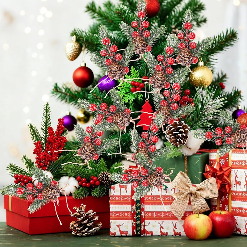 MEMOVAN Christmas Berries Red Stems Evergreen Pine Branches 8pcs Christmas Picks Spray Artificial Pine Cones Holly Stem Craft Winter Holiday Floral Picks for Decoration DIY Xmas Garland Wreath Ornaments - Image 3