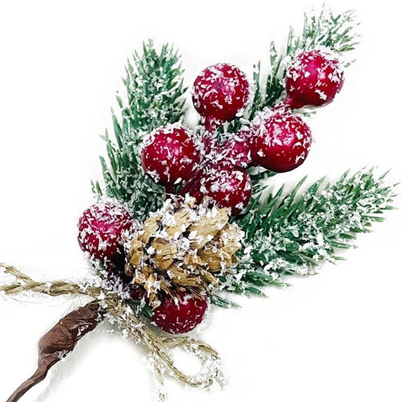 MEMOVAN Christmas Berries Red Stems Evergreen Pine Branches 8pcs Christmas Picks Spray Artificial Pine Cones Holly Stem Craft Winter Holiday Floral Picks for Decoration DIY Xmas Garland Wreath Ornaments - Image 1