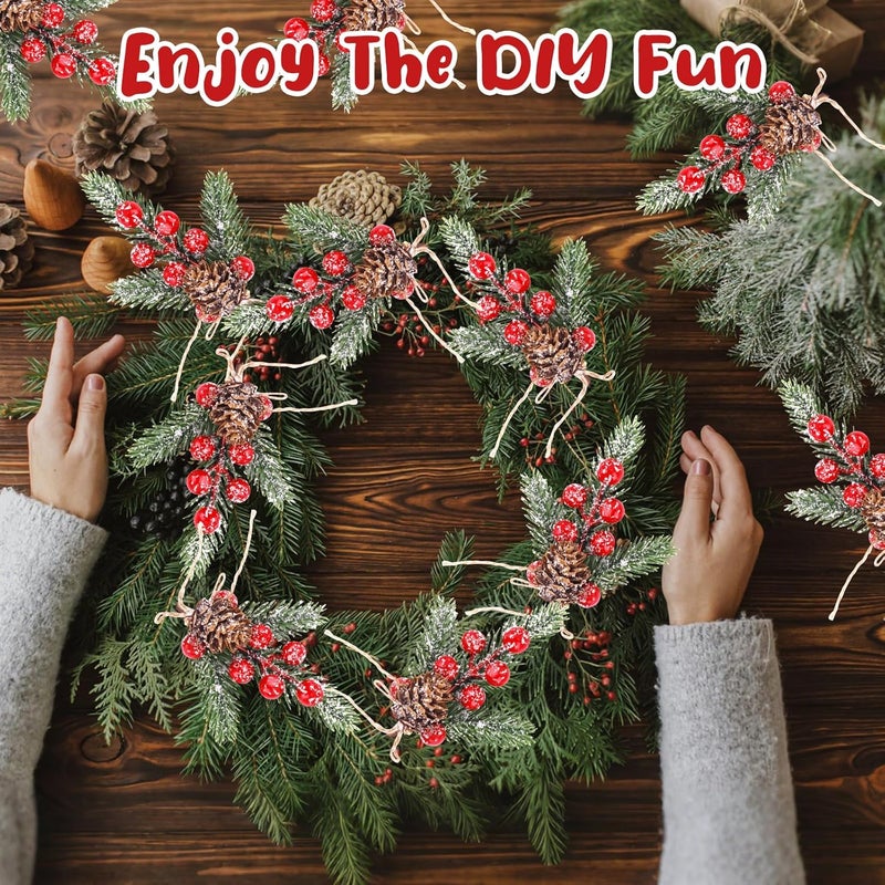 MEMOVAN Christmas Berries Red Stems Evergreen Pine Branches 8pcs Christmas Picks Spray Artificial Pine Cones Holly Stem Craft Winter Holiday Floral Picks for Decoration DIY Xmas Garland Wreath Ornaments - Image 5