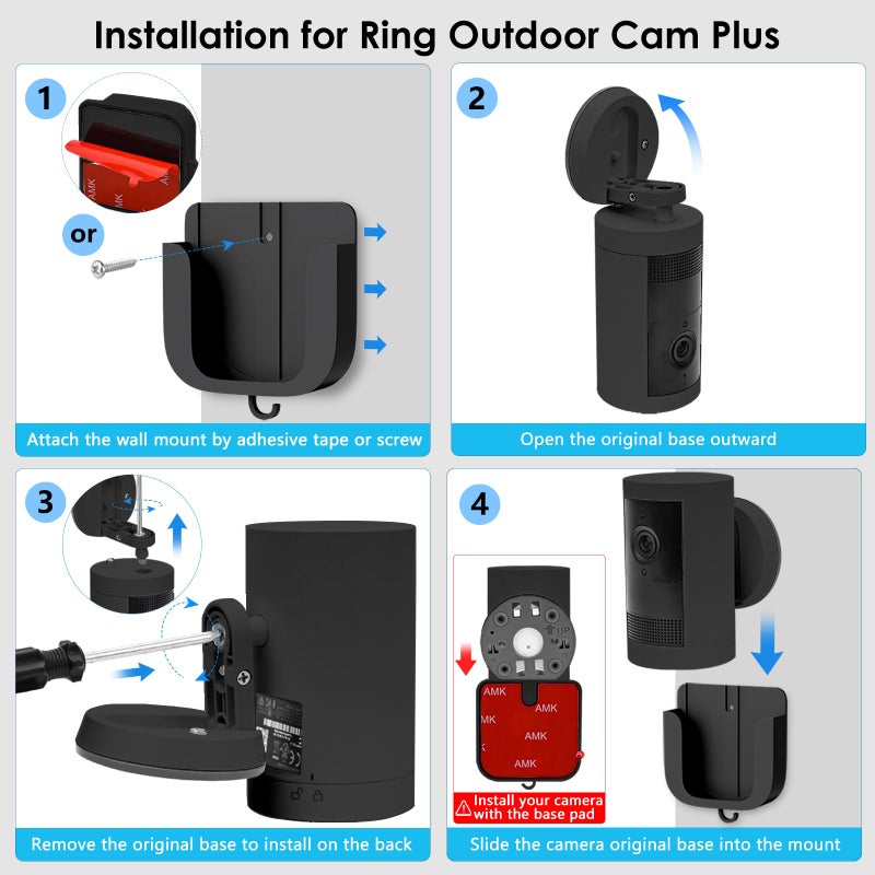 ALERTCAM No Drill Wall Mount for Ring Outdoor Cam Plus, Easy Installation with Strong Adhesive Tape or Screws, Indoor Camera Mount for Ring Camera, 2Pack, Black - Image 3
