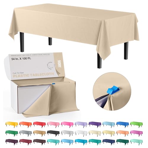 Exquisite Exquisite 54 Inch X 100 Feet Ivory Plastic Table Cover Roll in A Cut  to  Size Box with Convenient Slide Cutter Cuts Up to 12 Rectangle 8 Feet Plastic Disposable Tablecloths