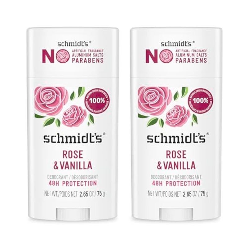 Schmidt's Aluminum-Free Vegan Deodorant Rose & Vanilla with 24 Hour Odor Protection 2 Count for Women and Men, Natural Ingredients, Cruelty-Free, 2.65 oz - Image 1