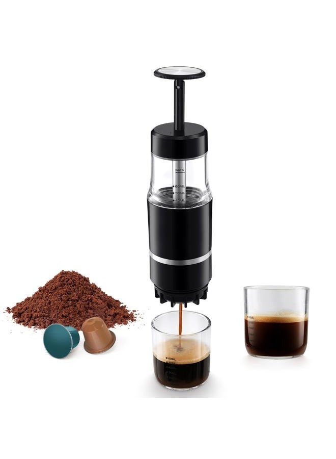 PHCOHIDO Portable Coffee Maker for Travel & Camping, Travel Lightweight Coffee Machines, Manually Operated, Compatible w/Ground Coffee & NS Capsule Black - Image 1