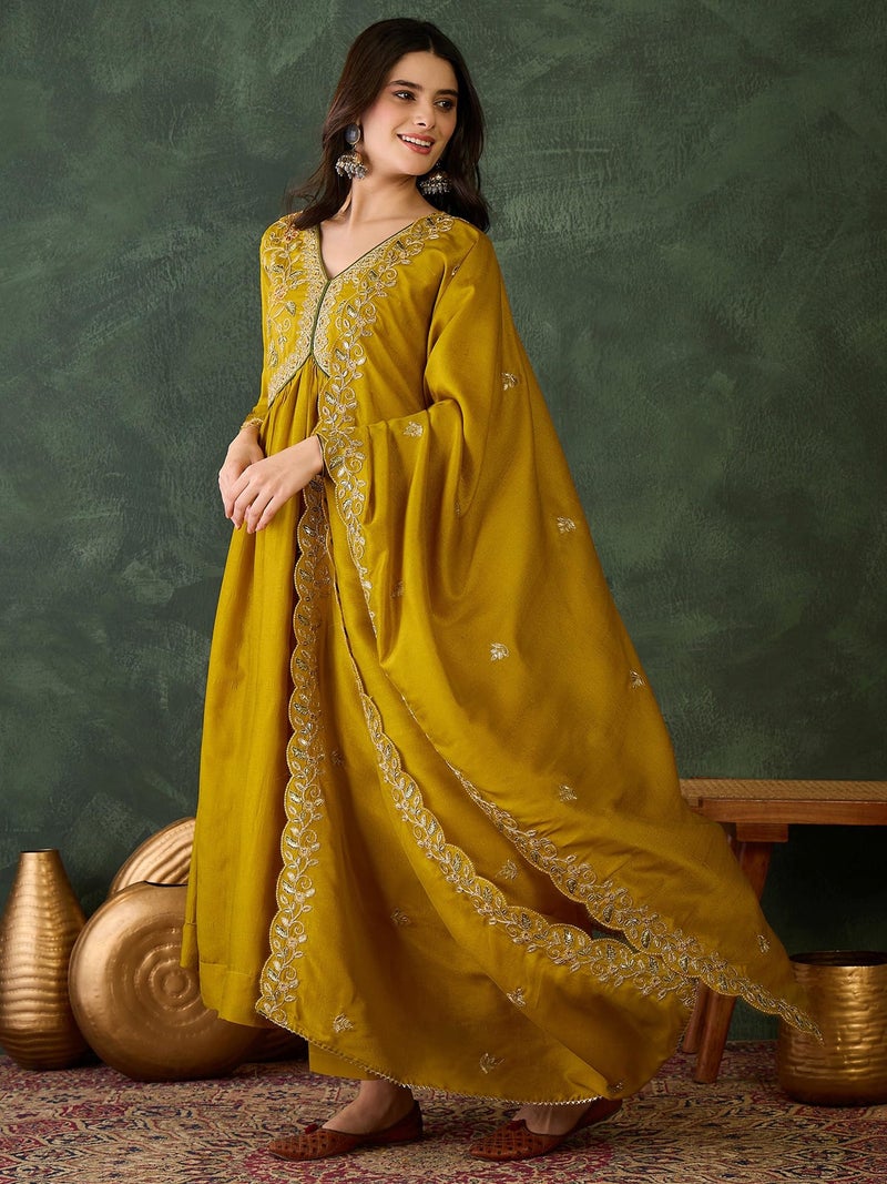 Naixa Women's Vichitra Silk Siquinned Embroidered Flared Kurta with Pant and Dupatta Sets (NX-818-Mustard-XXL) - Image 3