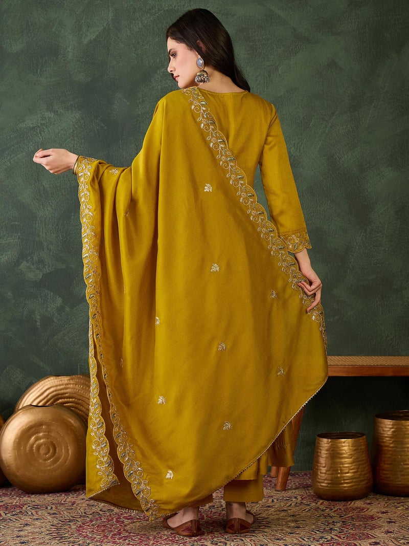Naixa Women's Vichitra Silk Siquinned Embroidered Flared Kurta with Pant and Dupatta Sets (NX-818-Mustard-XXL) - Image 4
