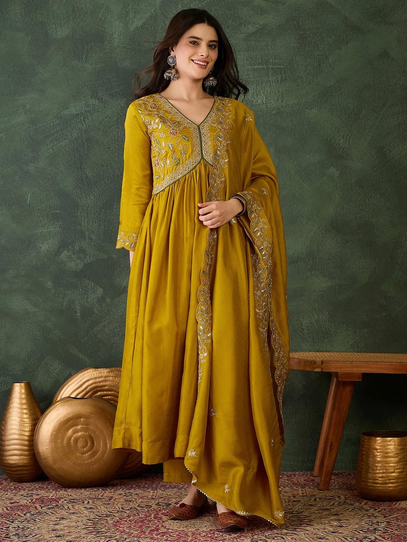 Naixa Women's Vichitra Silk Siquinned Embroidered Flared Kurta with Pant and Dupatta Sets (NX-818-Mustard-XXL) - Image 2