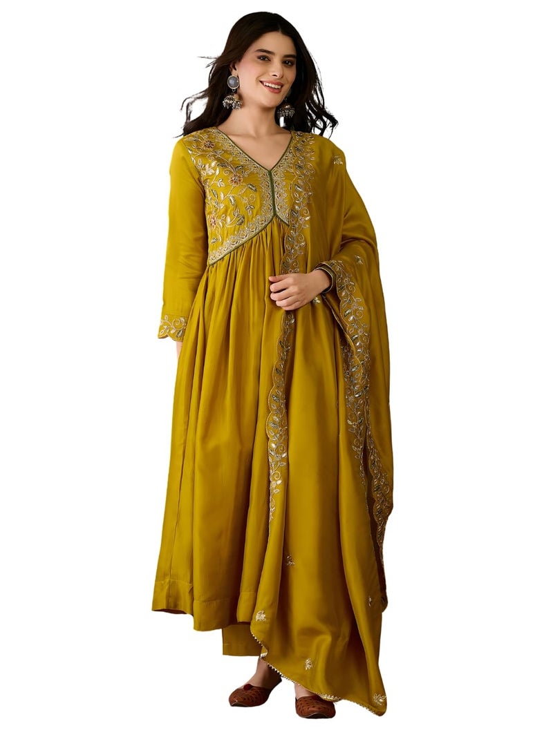 Naixa Women's Vichitra Silk Siquinned Embroidered Flared Kurta with Pant and Dupatta Sets (NX-818-Mustard-XXL) - Image 1
