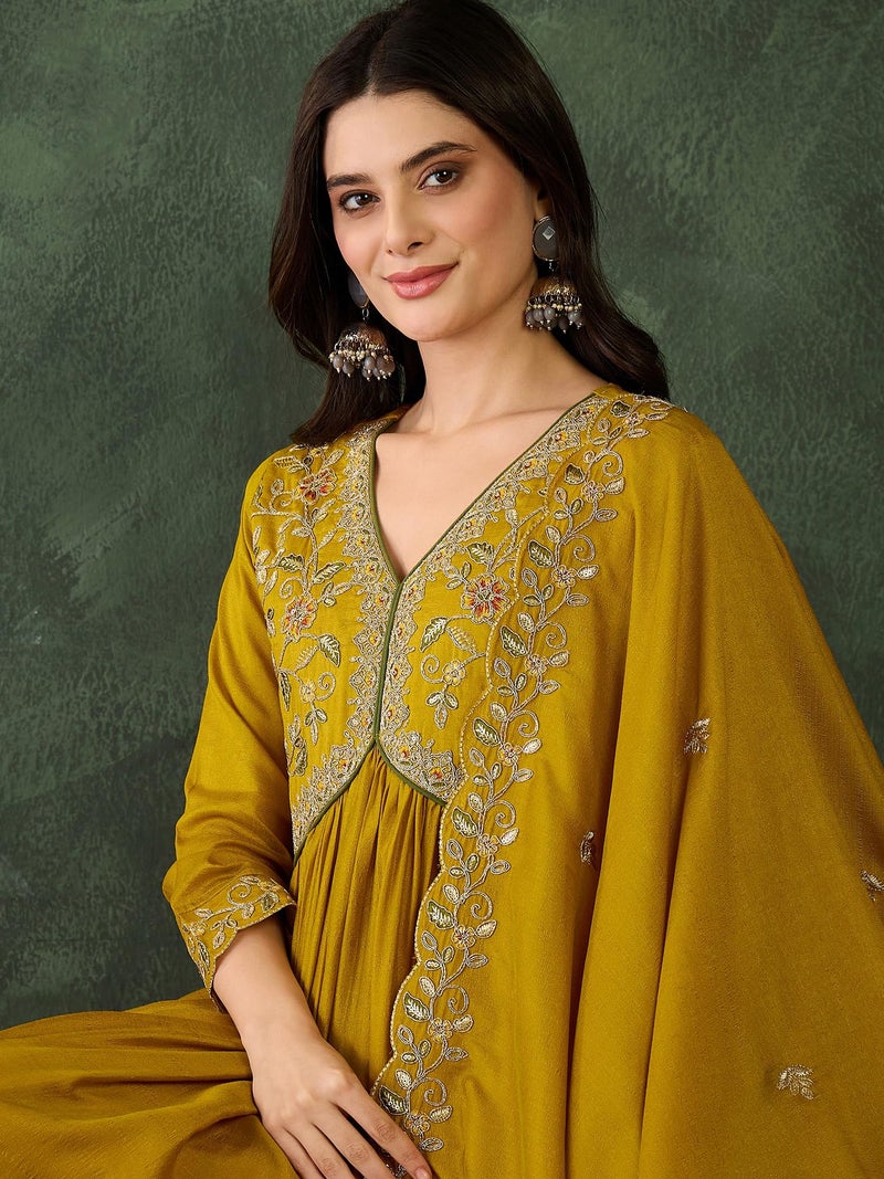 Naixa Women's Vichitra Silk Siquinned Embroidered Flared Kurta with Pant and Dupatta Sets (NX-818-Mustard-XXL) - Image 5