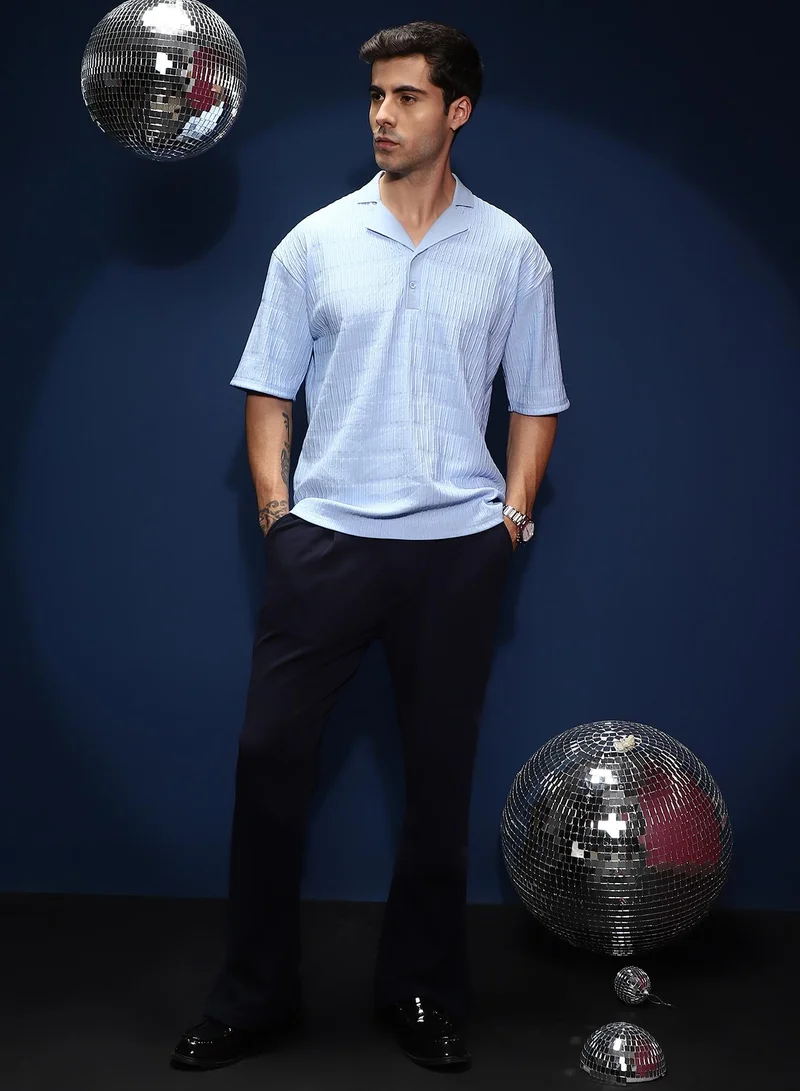 Campus Sutra Men's Powder Blue Bubble Cuban Polo T-Shirt For Casual Wear | Polo Neck | Short Cuffed Sleeves | Half-Button Closure | T-Shirt Shirt Crafted With Comfort Fit For Everyday Wear