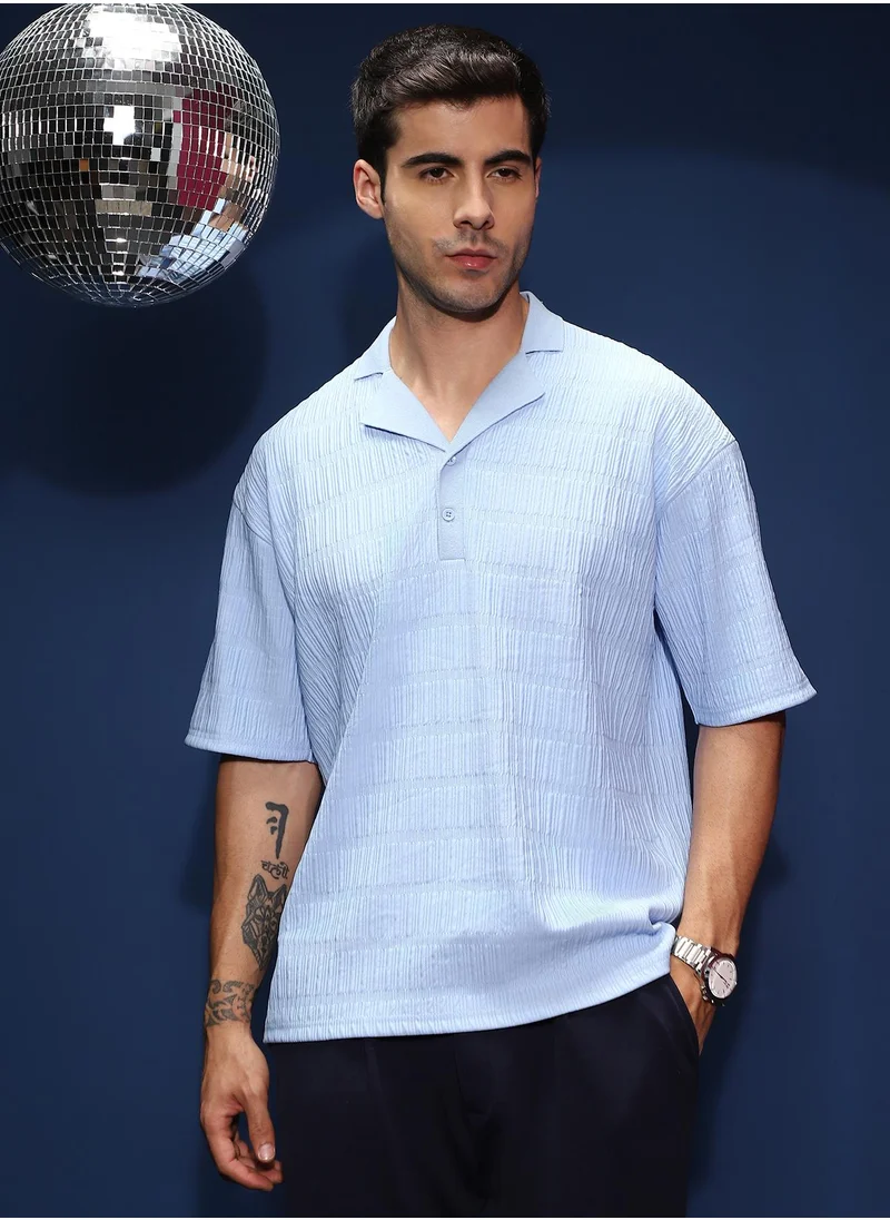 كامبوس سوترا Men's Powder Blue Bubble Cuban Polo T-Shirt For Casual Wear | Polo Neck | Short Cuffed Sleeves | Half-Button Closure | T-Shirt Shirt Crafted With Comfort Fit For Everyday Wear