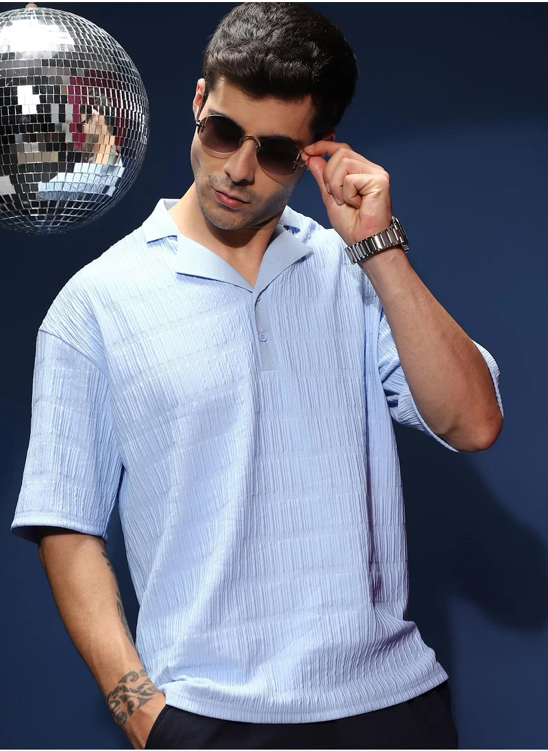 كامبوس سوترا Men's Powder Blue Bubble Cuban Polo T-Shirt For Casual Wear | Polo Neck | Short Cuffed Sleeves | Half-Button Closure | T-Shirt Shirt Crafted With Comfort Fit For Everyday Wear