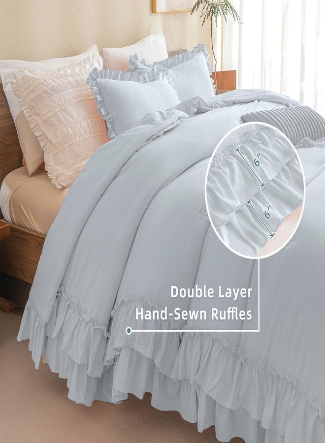 QSH Queen's House Light Blue Ruffled Comforter Set Queen Size, Lightweight Microfiber Inner Fill Fluffy Country Rustic Coquette Bedding - Image 5