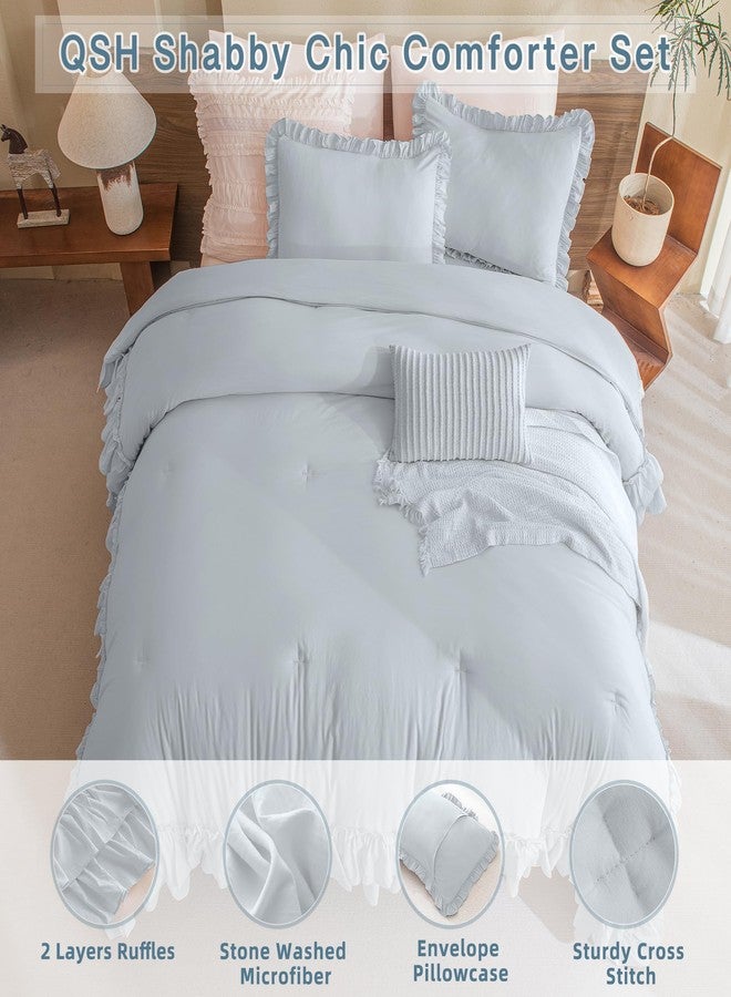 QSH Queen's House Light Blue Ruffled Comforter Set Queen Size, Lightweight Microfiber Inner Fill Fluffy Country Rustic Coquette Bedding - Image 4