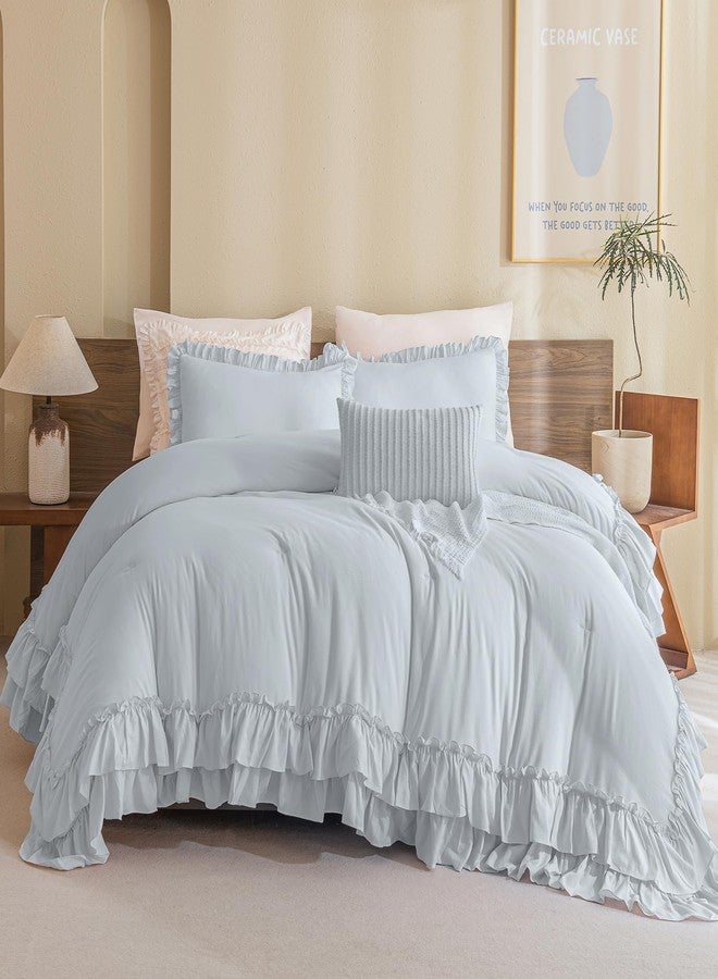 QSH Queen's House Light Blue Ruffled Comforter Set Queen Size, Lightweight Microfiber Inner Fill Fluffy Country Rustic Coquette Bedding - Image 3