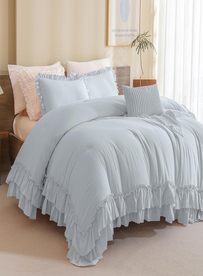 QSH Queen's House Light Blue Ruffled Comforter Set Queen Size, Lightweight Microfiber Inner Fill Fluffy Country Rustic Coquette Bedding - Image 1