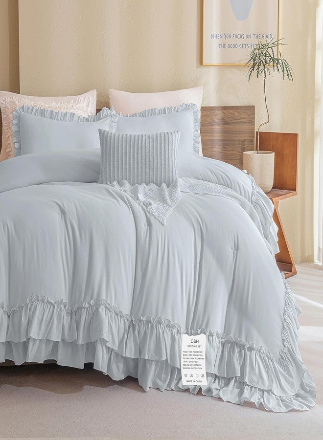 QSH Queen's House Light Blue Ruffled Comforter Set Queen Size, Lightweight Microfiber Inner Fill Fluffy Country Rustic Coquette Bedding - Image 2