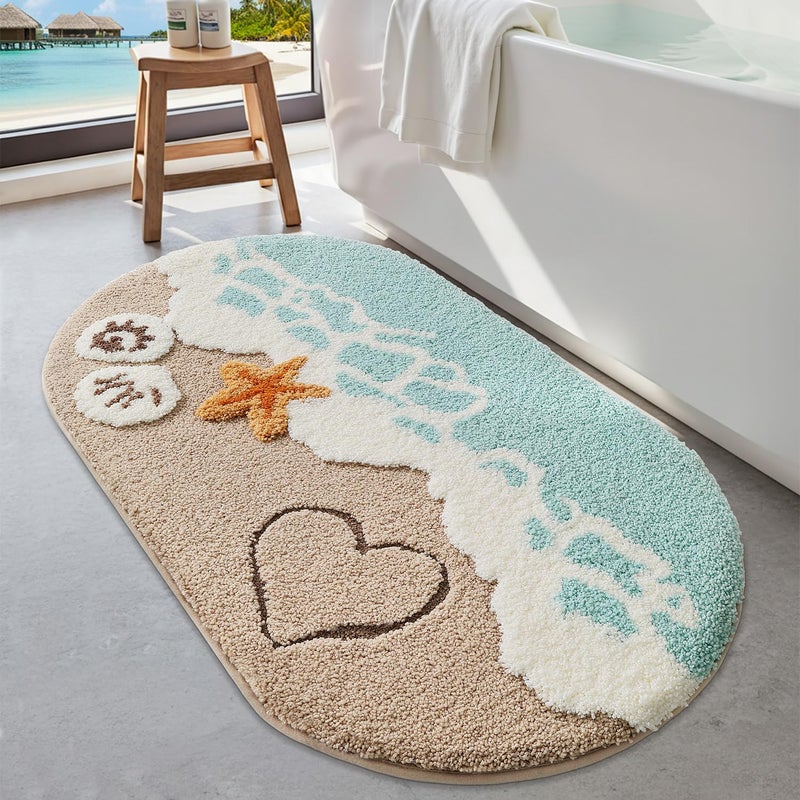 LUMI Beach Bathroom Rugs, Non Slip Bath Mat Ultra Soft Washable Absorbent Quick Dry, Ocean Sea Theme Bath Rug with Starfish Shell for Shower Floor, Kitchen Decor, Kids Room, 24"x44" - Image 1