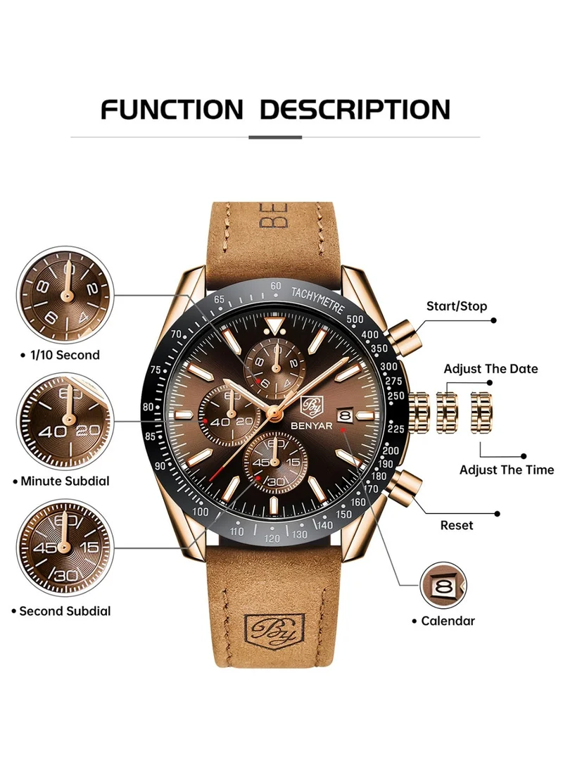 BENYAR  BENYAR Watch for Men Analog Quartz Chronograph Waterproof Luminous Designer Mens Wrist Watches Business Work Sport Casual Dress Watch with leather Strap Elegant Gifts for Men for Men | Best Price UAE