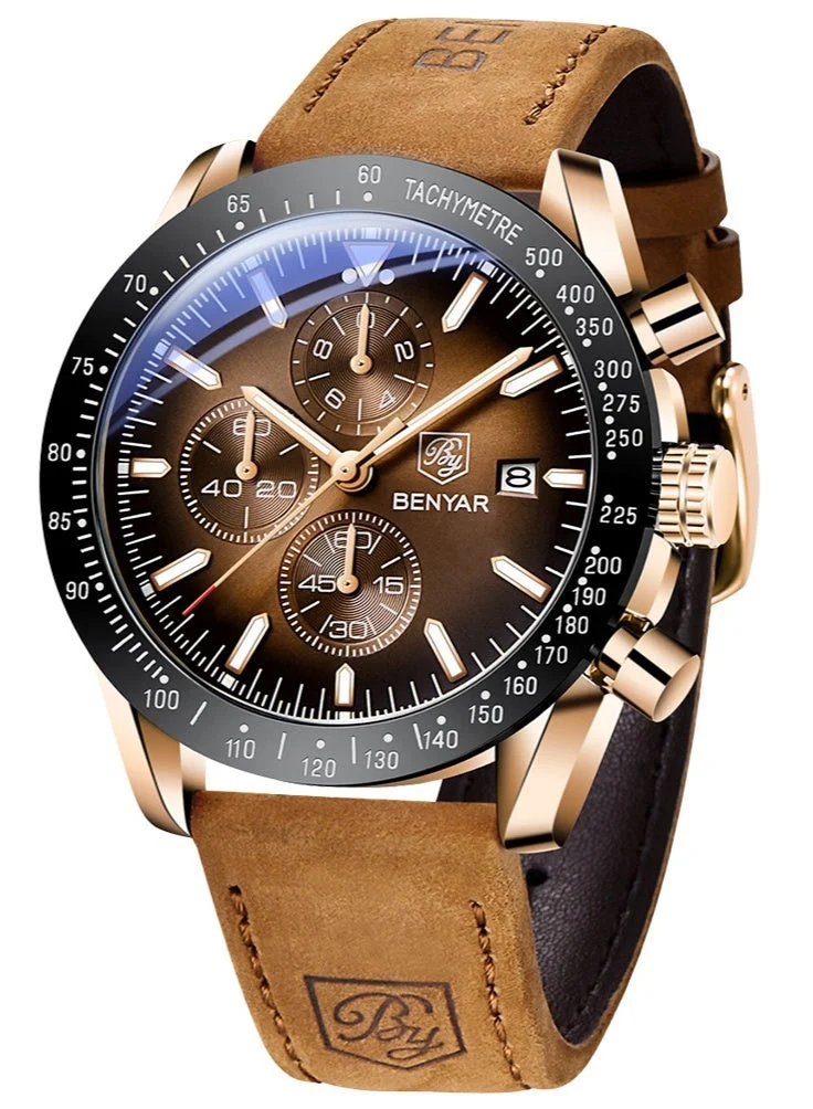 BENYAR BENYAR Watch for Men Analog Quartz Chronograph Waterproof Luminous Designer Mens Wrist Watches Business Work Sport Casual Dress Watch with leather Strap Elegant Gifts for Men