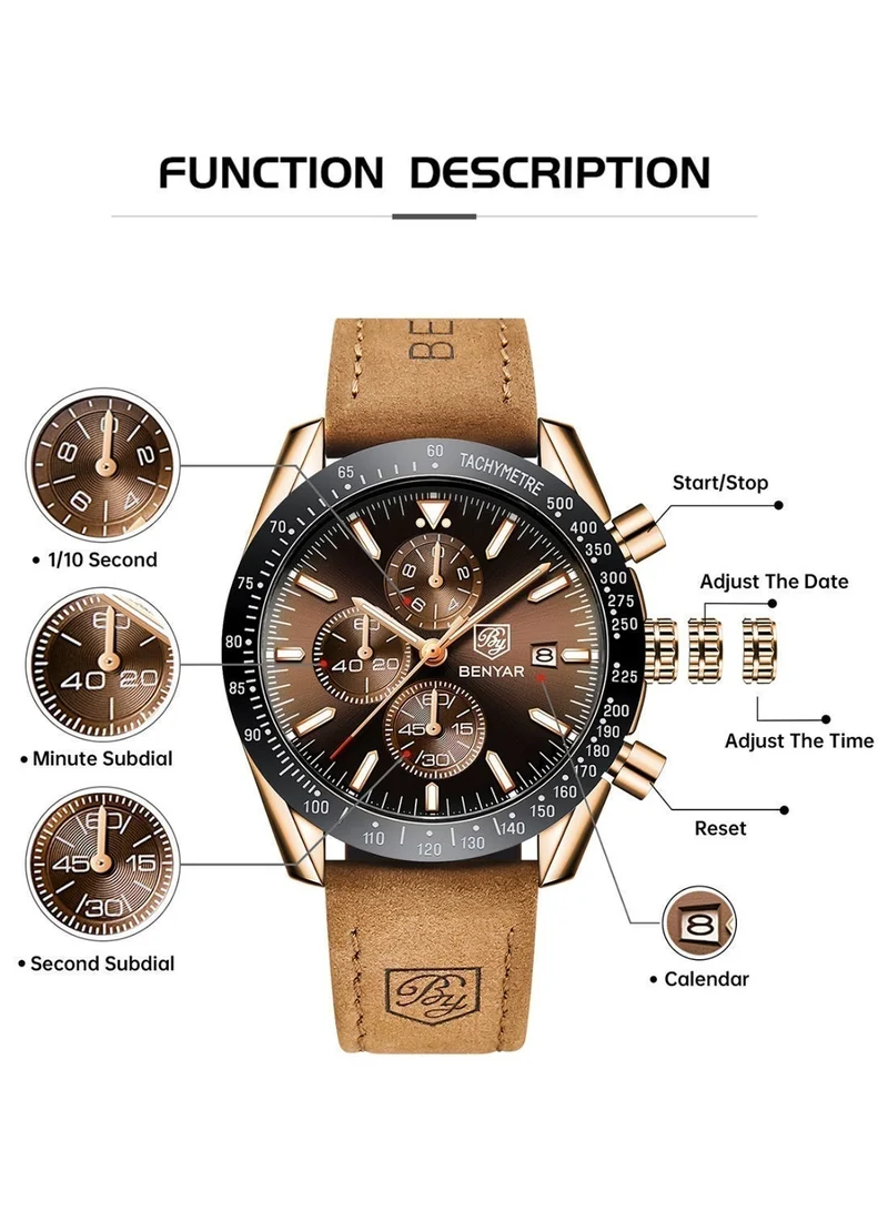 Benyar  BENYAR Watch for Men Analog Quartz Chronograph Waterproof Luminous Designer Mens Wrist Watches Business Work Sport Casual Dress Watch with leather Strap Elegant Gifts for Men for Men | Best Price UAE