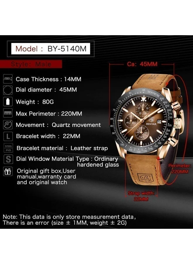 Benyar  BENYAR Watch for Men Analog Quartz Chronograph Waterproof Luminous Designer Mens Wrist Watches Business Work Sport Casual Dress Watch with leather Strap Elegant Gifts for Men for Men | Best Price UAE
