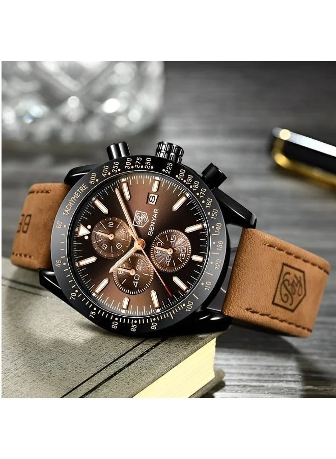 Benyar  BENYAR Watch for Men Analog Quartz Chronograph Waterproof Luminous Designer Mens Wrist Watches Business Work Sport Casual Dress Watch with leather Strap Elegant Gifts for Men for Men | Best Price UAE