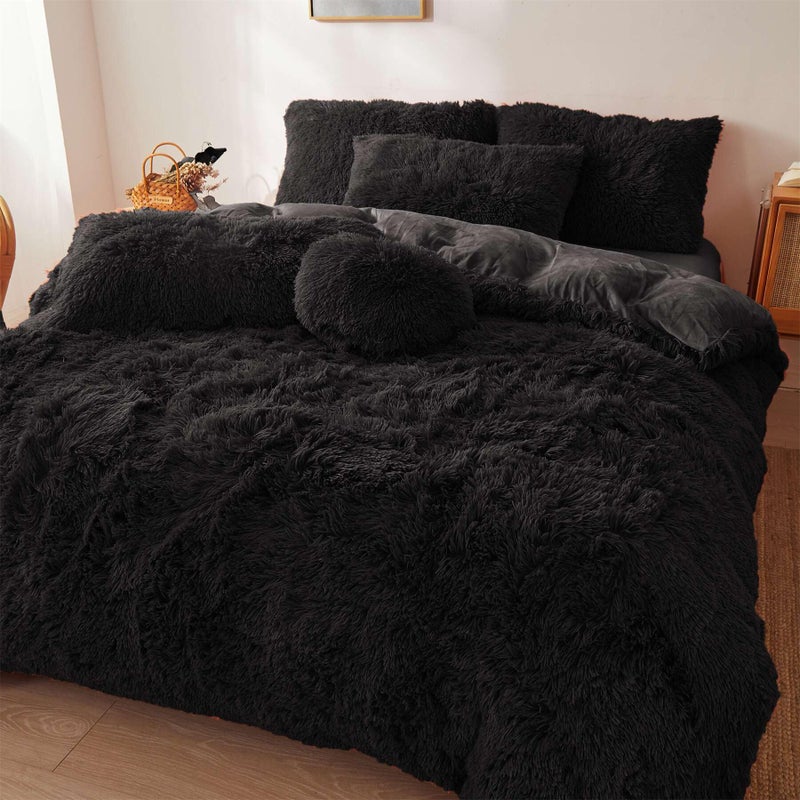 FOPPA Tie Dye Black Plush Fluffy Comforter Cover Set King- Ultra Soft Faux Fur tie dye Bedding Sets 3 Pieces (1 Shaggy Duvet Cover + 2 Pillow case) Fluffy Bed Set (Tie Dye Black, King) - Image 3