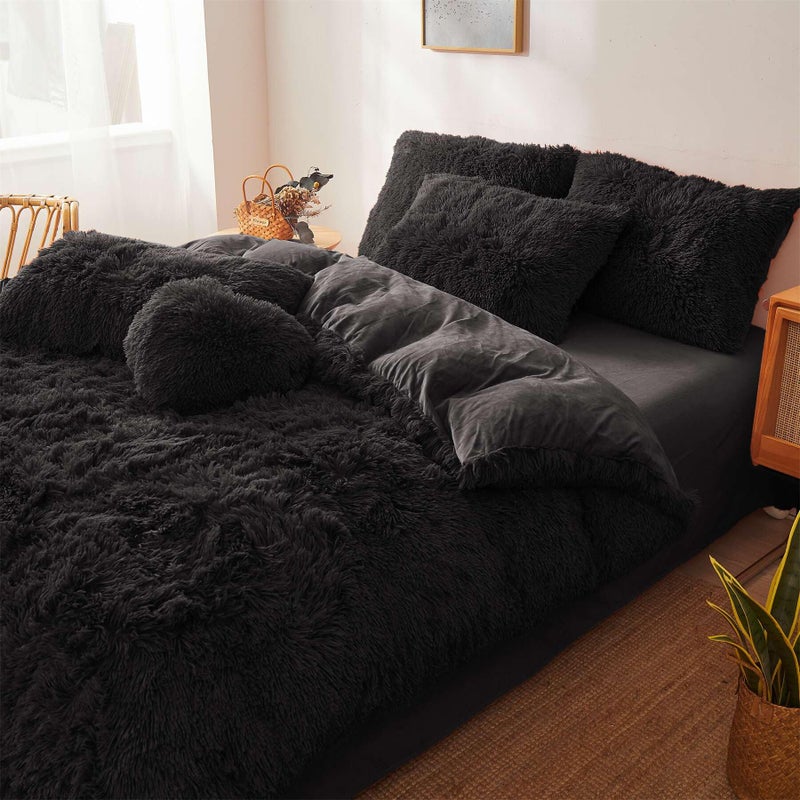 FOPPA Tie Dye Black Plush Fluffy Comforter Cover Set King- Ultra Soft Faux Fur tie dye Bedding Sets 3 Pieces (1 Shaggy Duvet Cover + 2 Pillow case) Fluffy Bed Set (Tie Dye Black, King) - Image 4