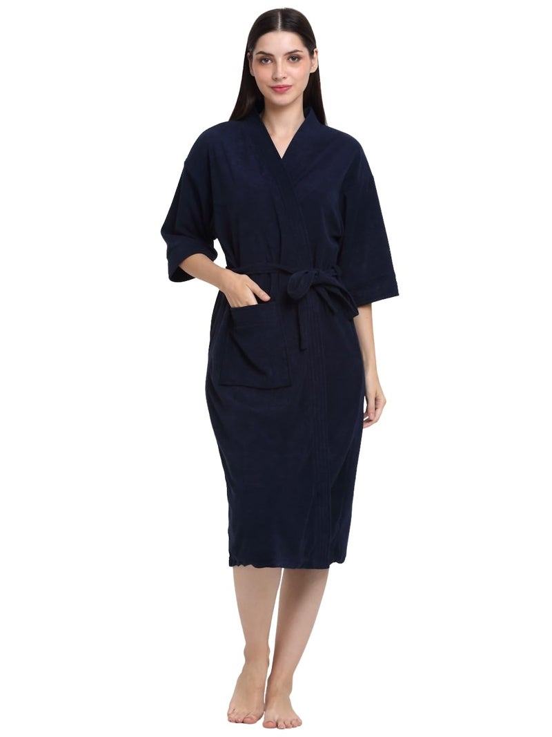 CREEVA Everyday Unisex Micro Terry Bathrobe Collection With kimono collar and 1 Pocket, 3/4 Sleeve Bath Robe Super Soft Light Weight - Navy - Image 1
