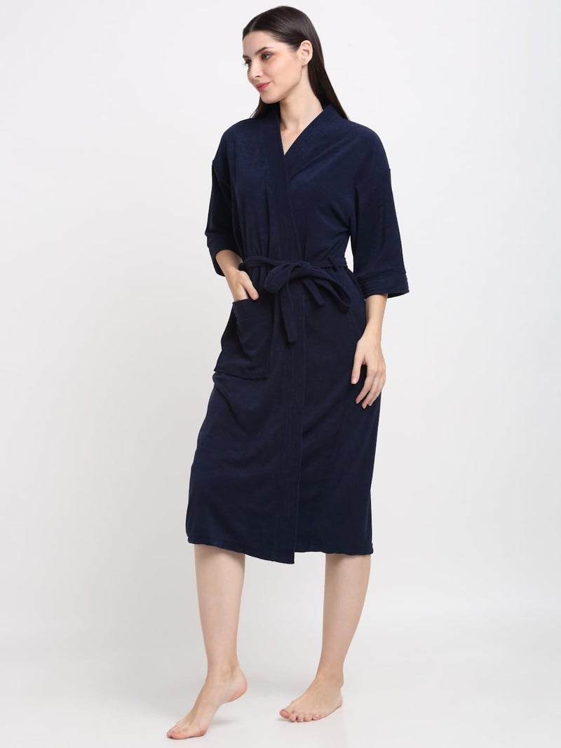 CREEVA Everyday Unisex Micro Terry Bathrobe Collection With kimono collar and 1 Pocket, 3/4 Sleeve Bath Robe Super Soft Light Weight - Navy - Image 2