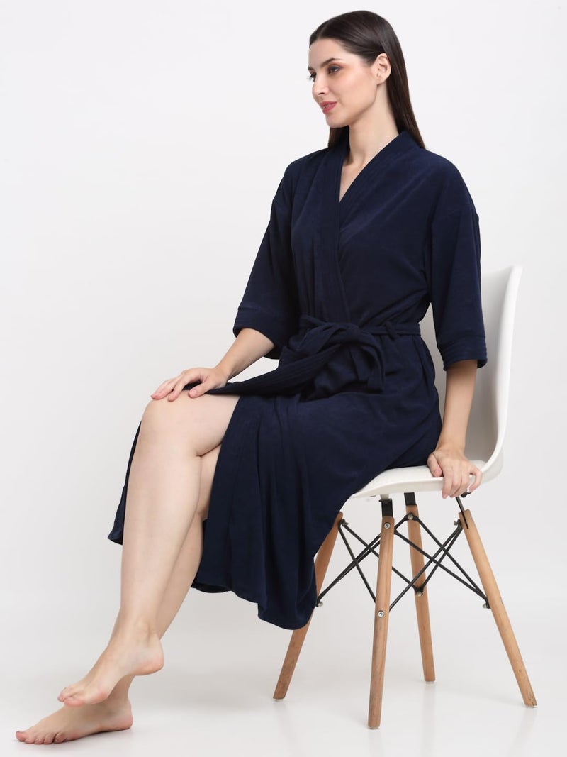 CREEVA Everyday Unisex Micro Terry Bathrobe Collection With kimono collar and 1 Pocket, 3/4 Sleeve Bath Robe Super Soft Light Weight - Navy - Image 4