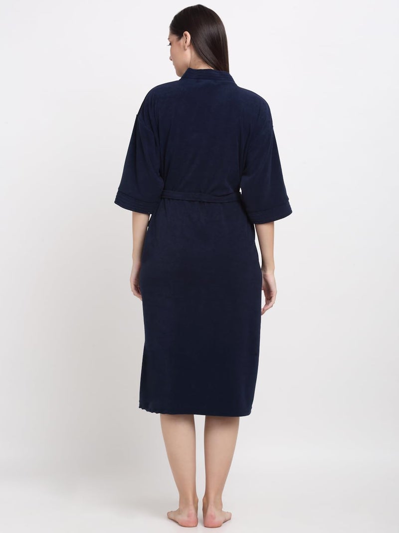 CREEVA Everyday Unisex Micro Terry Bathrobe Collection With kimono collar and 1 Pocket, 3/4 Sleeve Bath Robe Super Soft Light Weight - Navy - Image 3