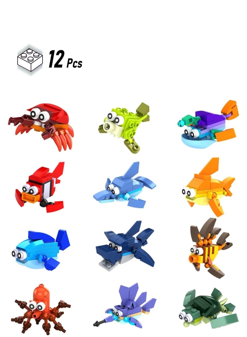 Zikra 12Pcs Sea Creatures Building Block Set, 12 In 1 Pre Filled Brick Box, Mini Building Block Toy, Building Toy Set, STEM Building Blocks Toy, Classroom Prize Toy, Learning Toy to Develop Fine Motor Skill - Image 1