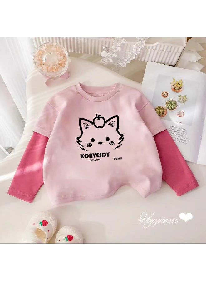 Girls' Long-sleeve T-shirt, Autumn Pure Cotton Round Neck, Faux Two-piece Cartoon Stylish Little Girl Base Shirt, Children's Trendy Top