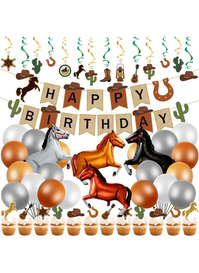 Zhanmai - 60Pcs Cowboy Birthday Party Decoration Include 40 Inch Horse Shaped Foil Balloons Little Cowboy Happy Birthday Banner Cake Topper Hanging Swirls 12 Inch Latex Balloons For Western Party (Retro Style) - Image 1
