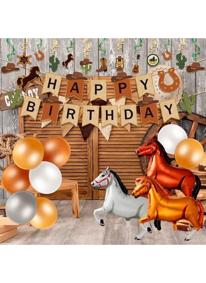 Zhanmai - 60Pcs Cowboy Birthday Party Decoration Include 40 Inch Horse Shaped Foil Balloons Little Cowboy Happy Birthday Banner Cake Topper Hanging Swirls 12 Inch Latex Balloons For Western Party (Retro Style) - Image 1