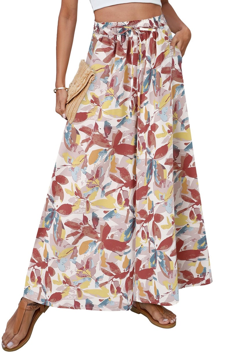 SimpleFun Women's Casual Pants with Pockets, Vintage Boho Printed Flowy Wide-Legged Aline Palazzo Pant Floral Orange M - Image 1