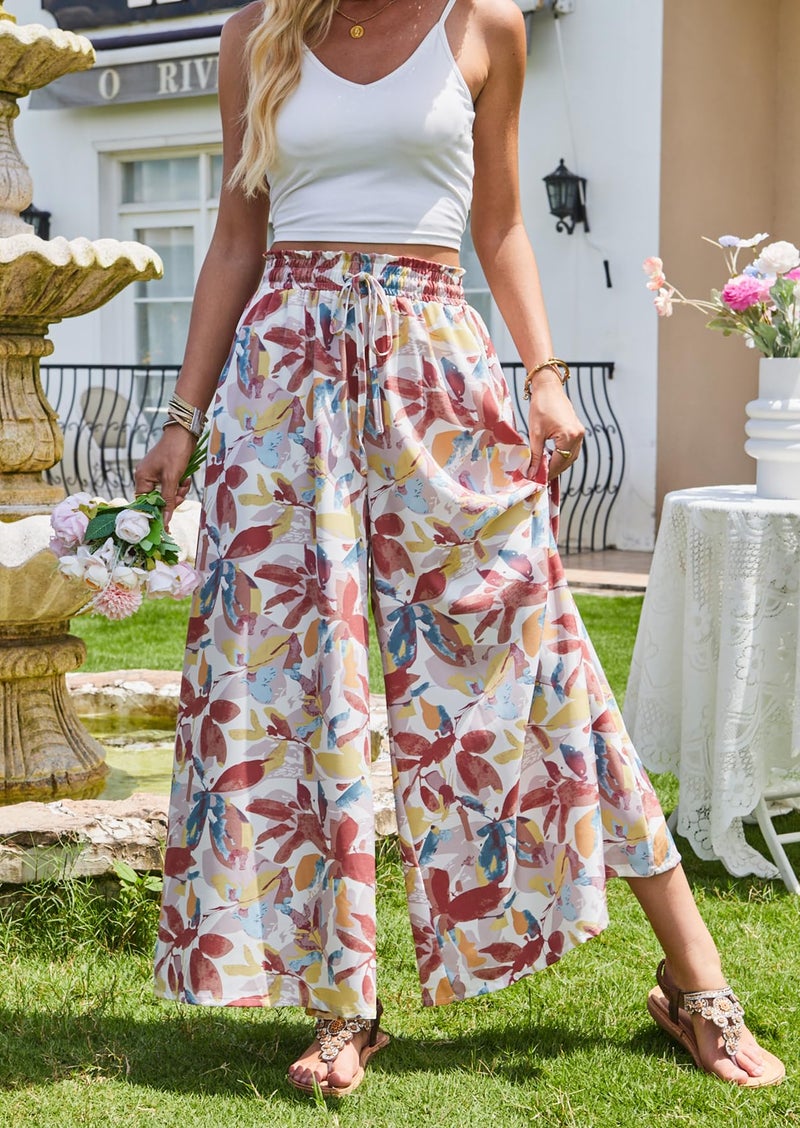 SimpleFun Women's Casual Pants with Pockets, Vintage Boho Printed Flowy Wide-Legged Aline Palazzo Pant Floral Orange M - Image 2