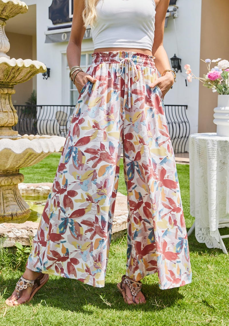 SimpleFun Women's Casual Pants with Pockets, Vintage Boho Printed Flowy Wide-Legged Aline Palazzo Pant Floral Orange M - Image 3
