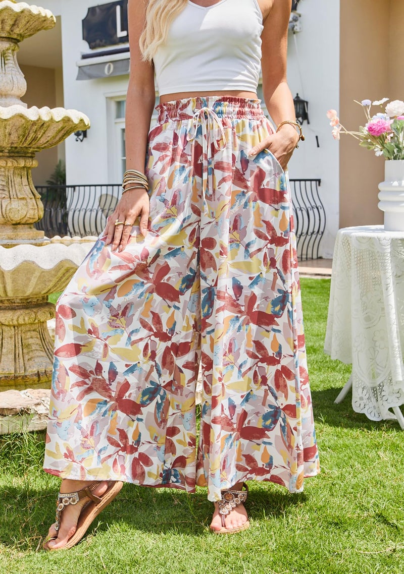 SimpleFun Women's Casual Pants with Pockets, Vintage Boho Printed Flowy Wide-Legged Aline Palazzo Pant Floral Orange M - Image 4