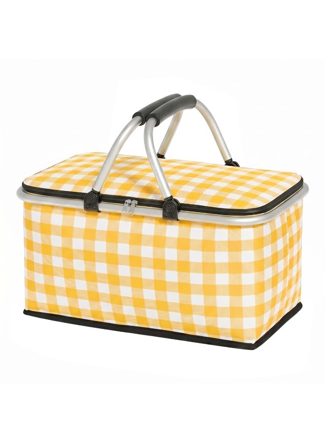Insulated Picnic Basket,Collapsible Picnic Basket,8L Large Market Basket with Lid,2 Sturdy Handles,Storage Basket for Picnic,for Food Delivery,Take Outs,Market Shopping,Travel(Yellow Grid) - Image 1