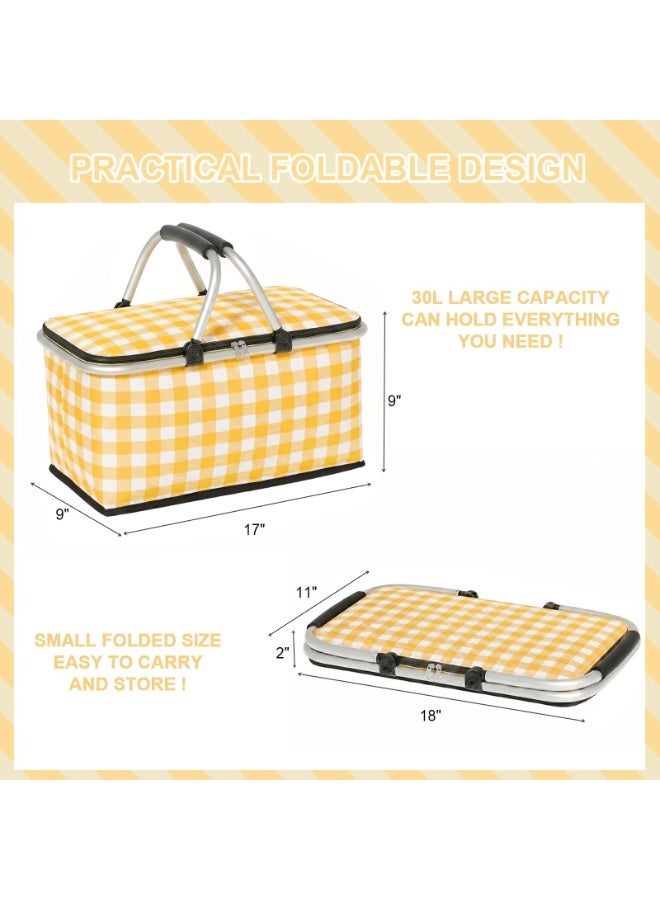 Insulated Picnic Basket,Collapsible Picnic Basket,8L Large Market Basket with Lid,2 Sturdy Handles,Storage Basket for Picnic,for Food Delivery,Take Outs,Market Shopping,Travel(Yellow Grid) - Image 3