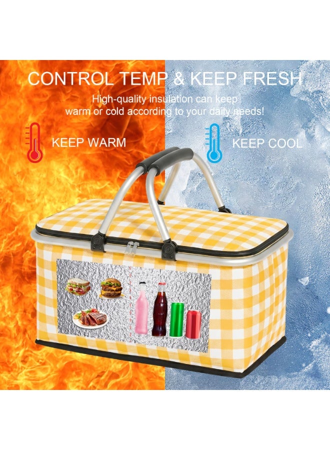 Insulated Picnic Basket,Collapsible Picnic Basket,8L Large Market Basket with Lid,2 Sturdy Handles,Storage Basket for Picnic,for Food Delivery,Take Outs,Market Shopping,Travel(Yellow Grid) - Image 4