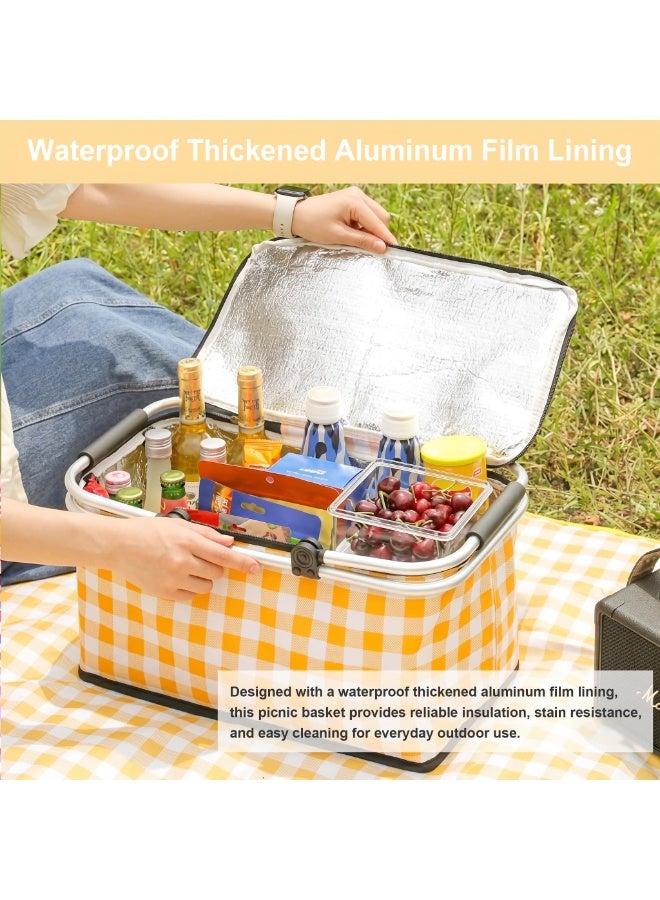 Insulated Picnic Basket,Collapsible Picnic Basket,8L Large Market Basket with Lid,2 Sturdy Handles,Storage Basket for Picnic,for Food Delivery,Take Outs,Market Shopping,Travel(Yellow Grid) - Image 5