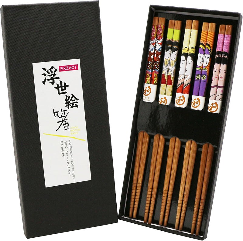 Exzact Chopsticks Gift Set - 5 Pairs of Reusable Natural Bamboo Chopsticks in a Beautiful Black Handmade Box - Decorated Japanese Style - Image 1