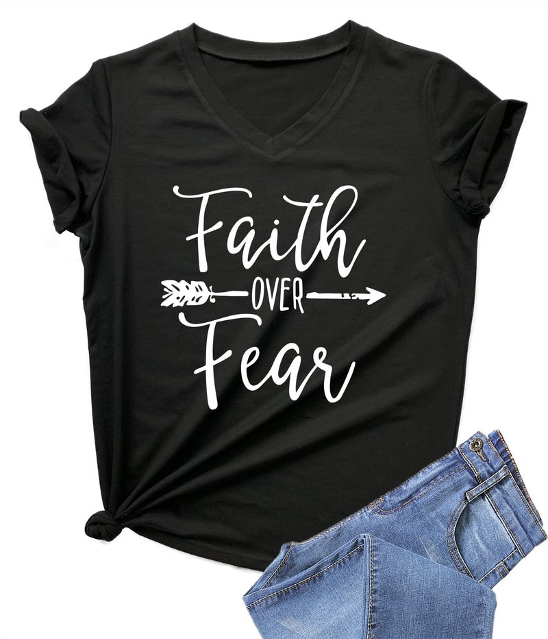DANVOUY Women's Summer Casual Letters Printed T-Shirt Short Sleeves Graphic V-Neck Tops Black Medium - Image 1