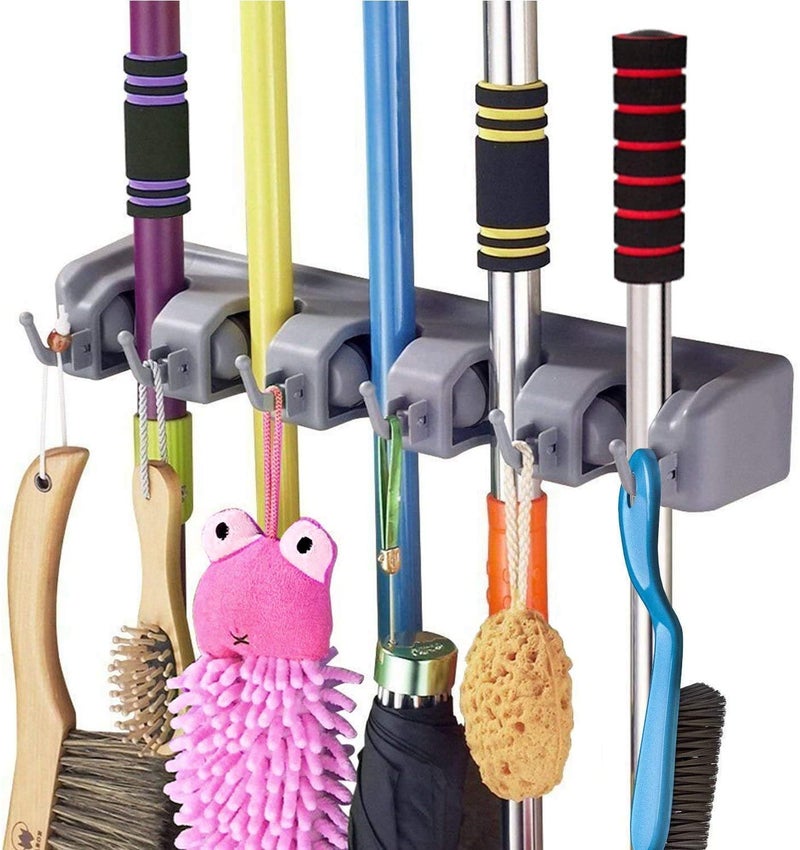 Dargoba 2 Pack Mounted, Broom Stick Mounted Stand, Storage Broomstick Brush Mount Organizer with Hanger Hooks (5 Slot 6 Hooks)- Grey - Image 1